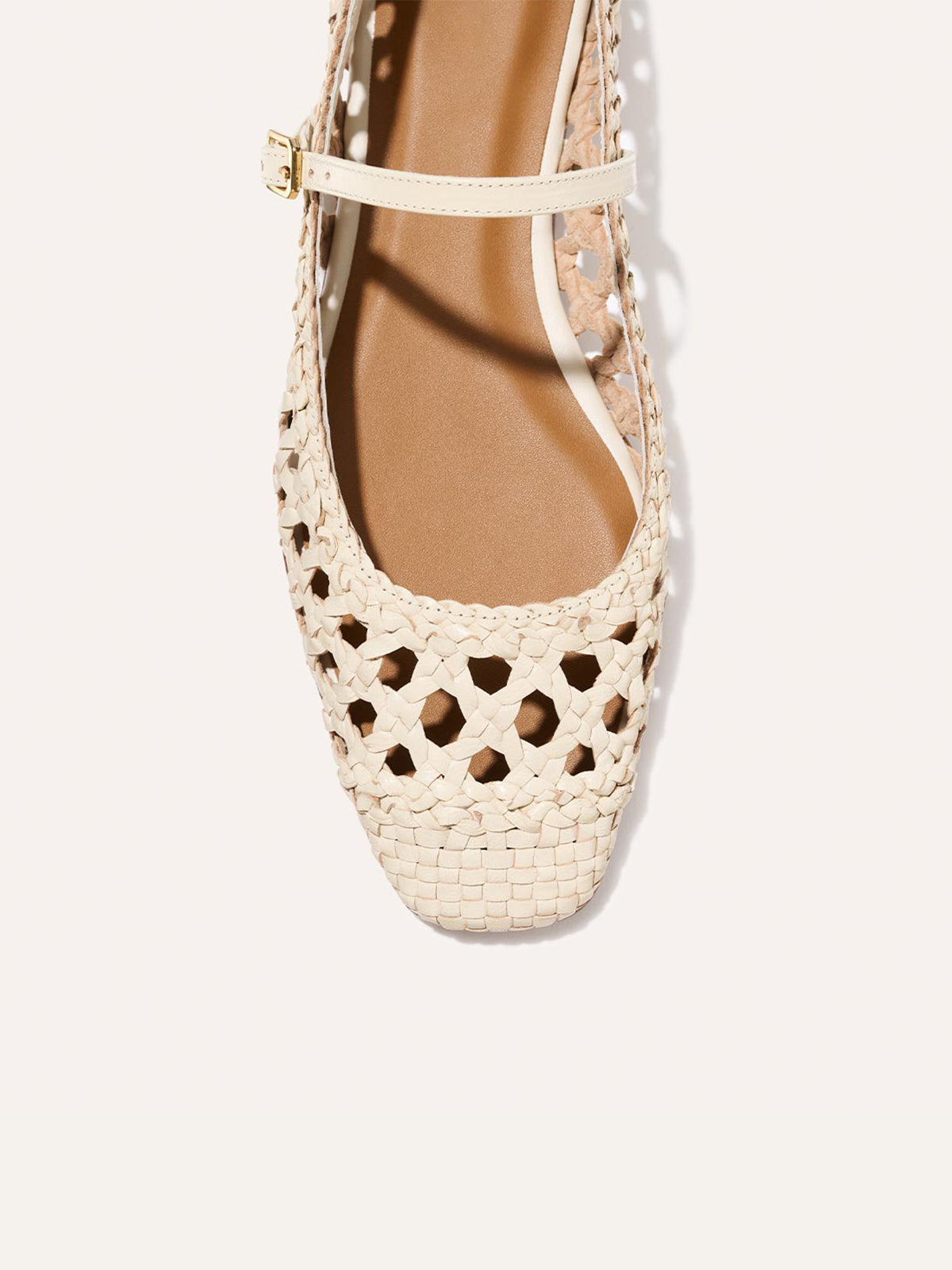 Cream Woven Vegan Leather Square-Toe Mary Jane Chic Ballet Flats
