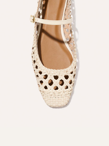 Cream Woven Vegan Leather Square-Toe Mary Jane Chic Ballet Flats