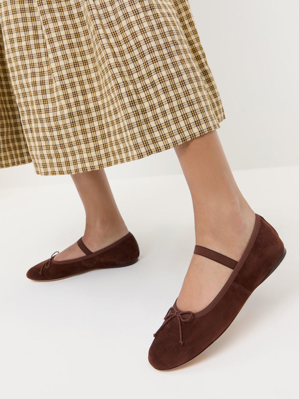 Coffee Faux Suede Round-Toe Mary Jane Front Bow Ballet Flats