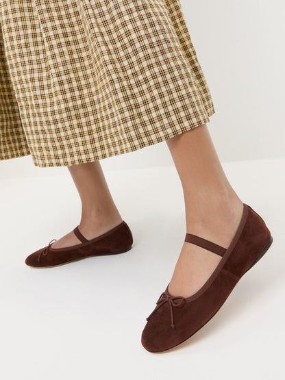 Coffee Faux Suede Round-Toe Mary Jane Front Bow Ballet Flats