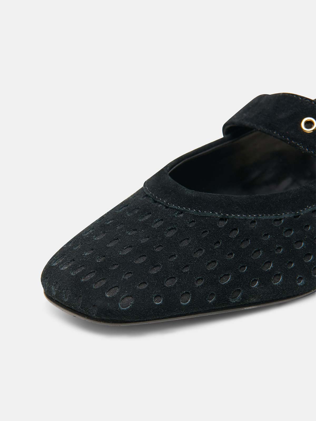 Chocolate Perforated Faux Suede Square-Toe Middle Strap Ballet Flats