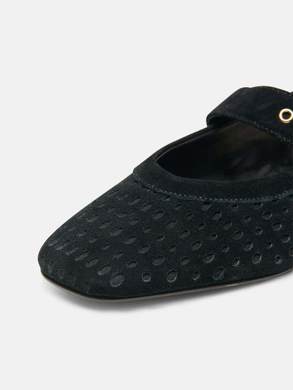 Chocolate Perforated Faux Suede Square-Toe Middle Strap Ballet Flats