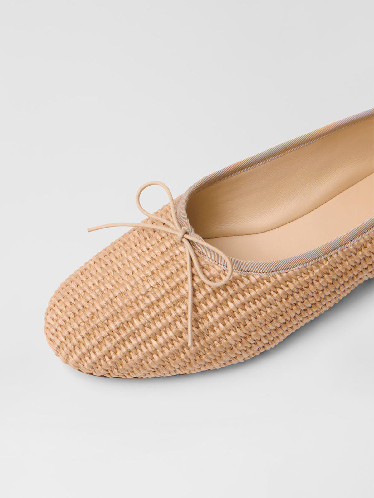 Beige Woven Round-Toe Simple Chic Ballet Flats With Front Bow