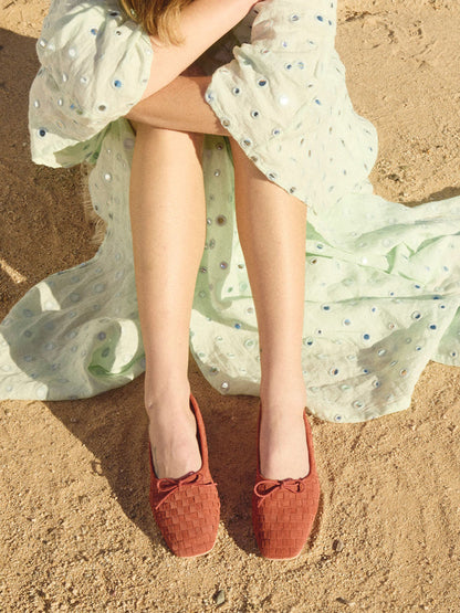 Woven Faux Suede Square-Toe Front Bow Slip-On Ballet Flats - Rosewood