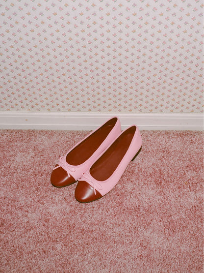 Pink and Wine Red Round-Toe Front Bow Slip-On Ballet Flats