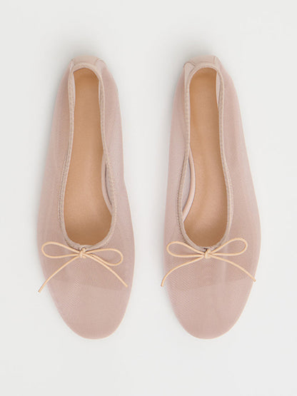 Beige Mesh Round-Toe Simple Chic Ballet Flats With Front Bow