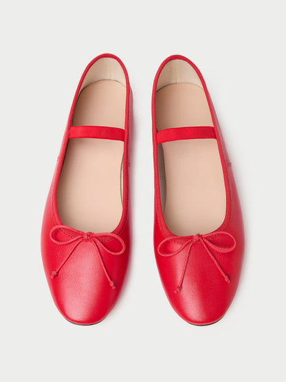 Red Vegan Leather Round-Toe Mary Jane Front Bow Ballet Flats
