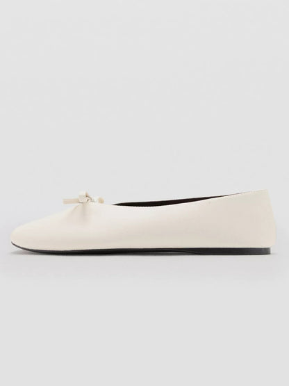 Ecru Round-Toe Front Bow Chic Ballet Flats