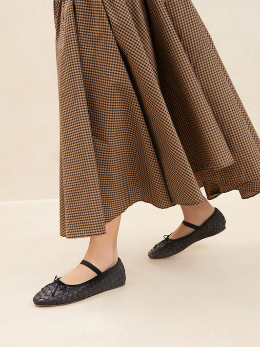 Black Woven Vegan Leather Round-Toe Front Bow And Middle Strap Ballet Flats