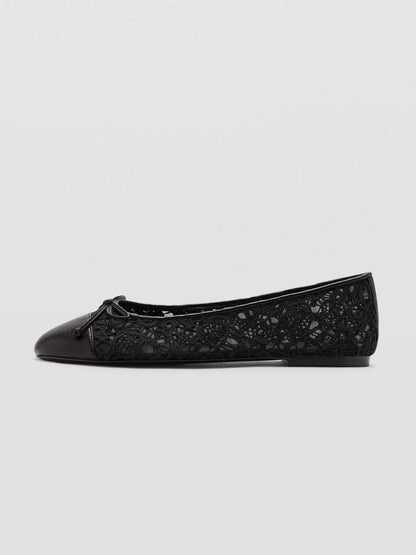 Black Lace Mesh And Vegan Leather Round-Toe Front Bow Chic Ballet Flats