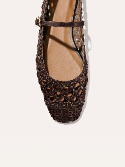 Coffee Woven Vegan Leather Square-Toe Mary Jane Chic Ballet Flats