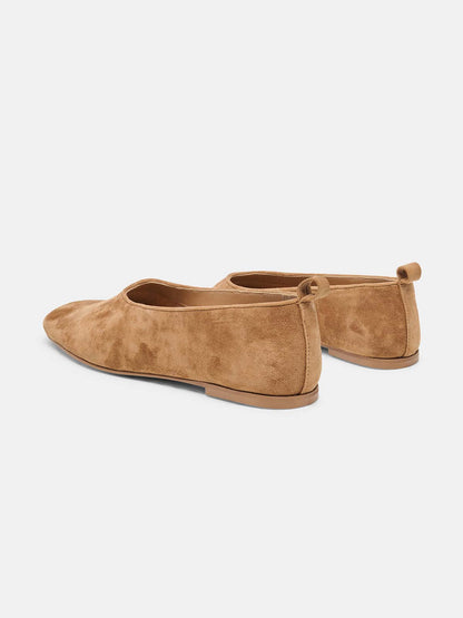 Tan Faux Suede Square-Toe Slip-On Simple Flats