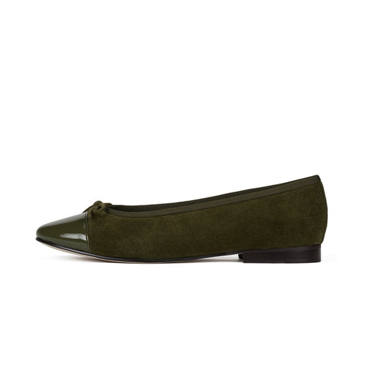 Khaki Faux Suede And Patent Leather Round-Toe Front Bow Ballet Flats
