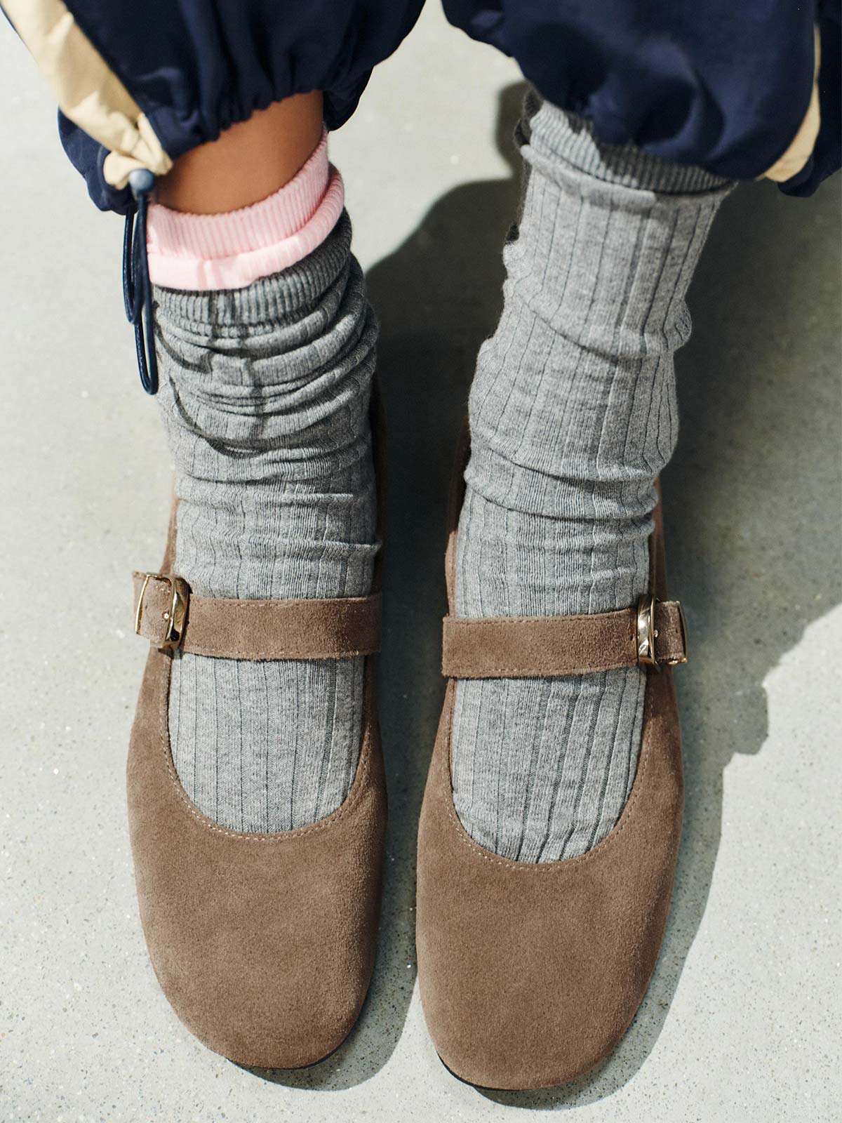 Taupe Faux Suede Round-Toe Buckle Middle Strap Slip-On Ballet Chic Flats