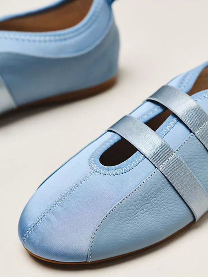 Blue Vegan Leather And Satin Round-Toe Double Middle Strap Sporty Ballet Sneakers