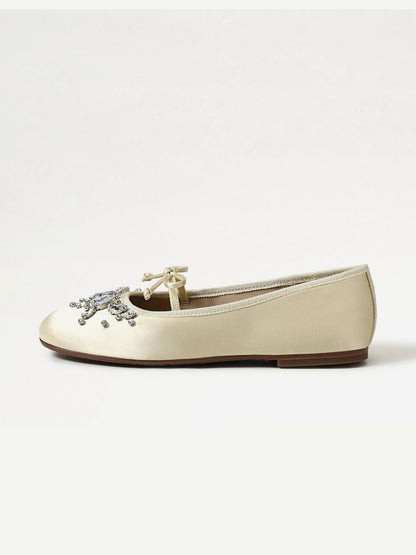 Beige Satin Square-Toe Front Crystals And Mary Jane Ballet Flats