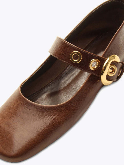 Maroon Square-Toe Buckle Wide Mary Jane Strap Ballet Flats