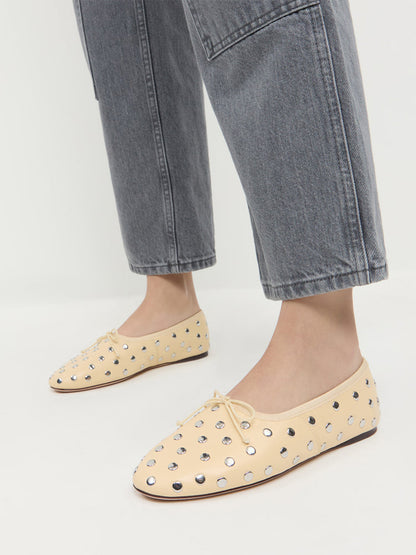 Yellow Round-Toe Chic Front Bow Slip-On Studs Ballet Flats