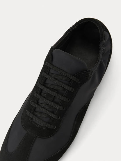Black Faux Suede And Cloth Round-Toe Lace-Up Ballet Sneakers