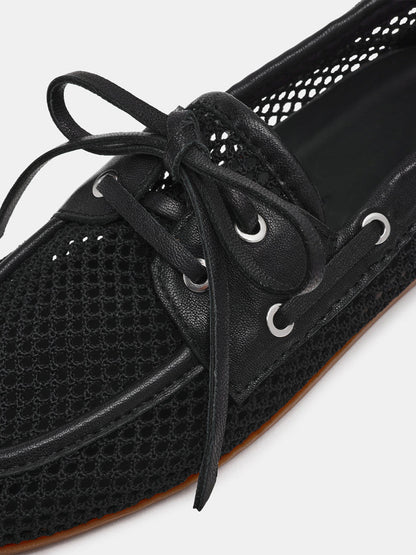 Black Mesh Round-Toe Classic Lace-Up Slip-On Flats
