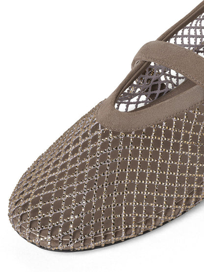 Green Mesh And Faux Suede Round-Toe Buckle Mary Jane Ballet Flats