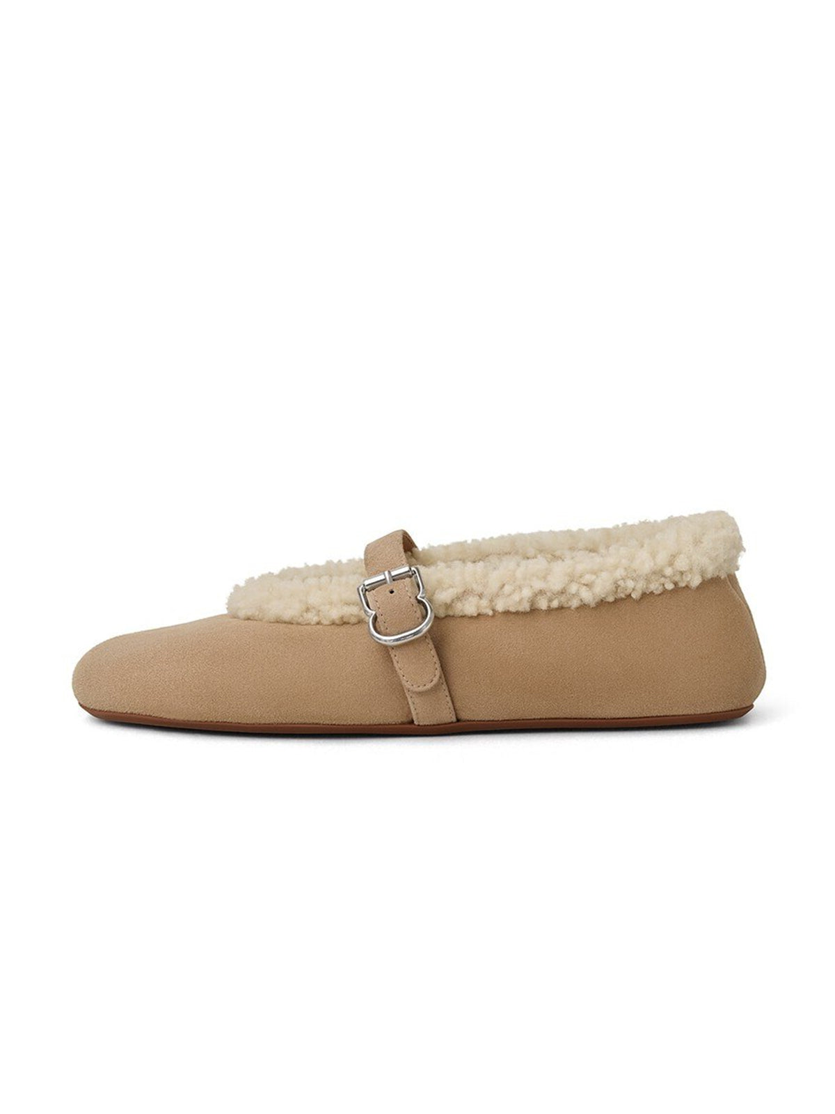 Camel Faux Suede And Plush Round-Toe Mary Jane Slip-On Flats