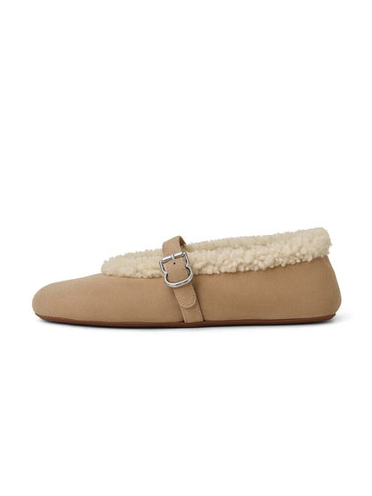 Camel Faux Suede And Plush Round-Toe Mary Jane Slip-On Flats