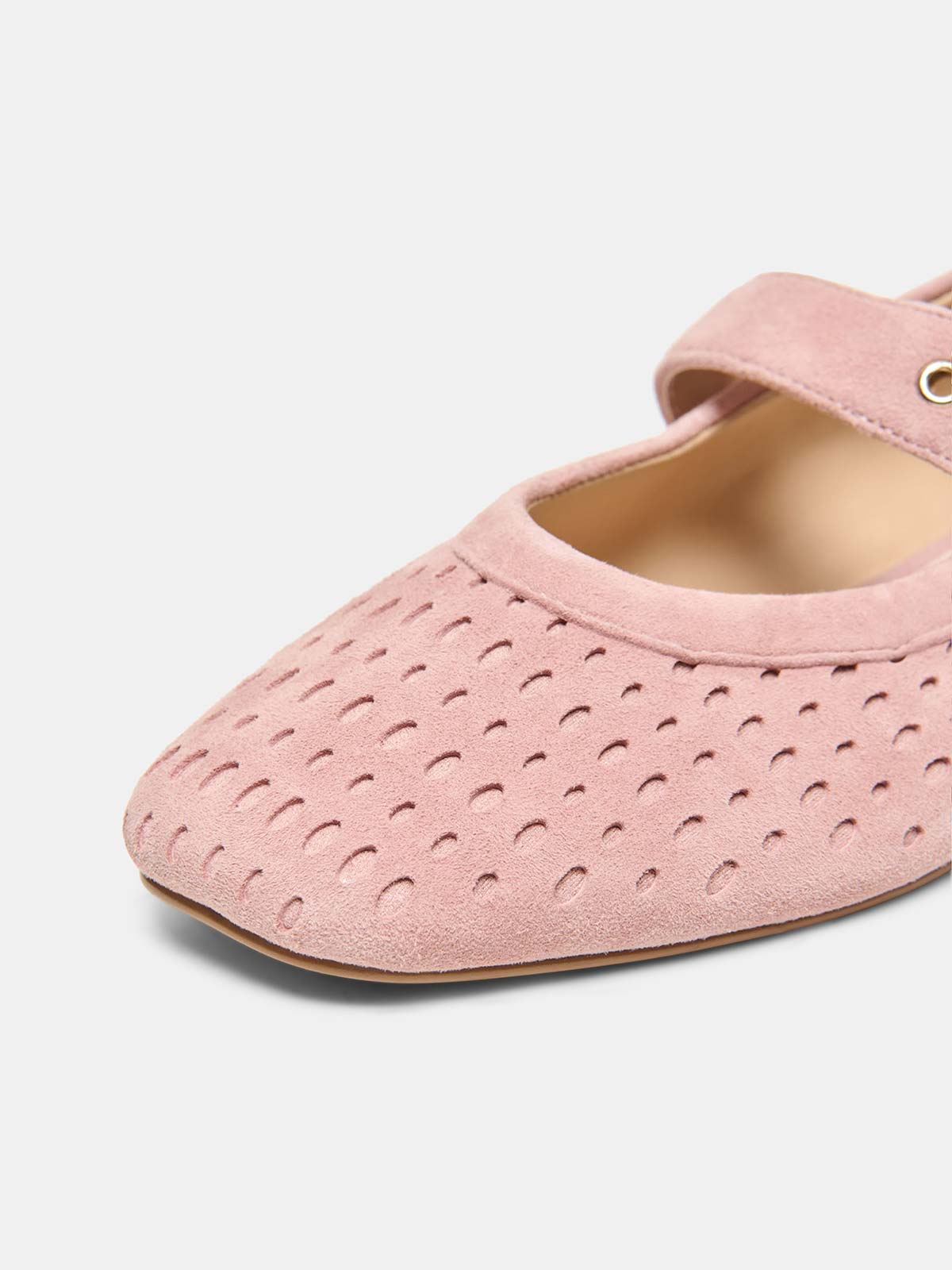 Pink Perforated Faux Suede Square-Toe Middle Strap Ballet Flats