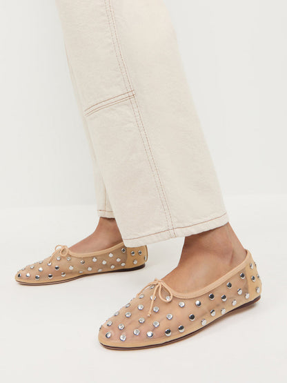 Sand Mesh Round-Toe Chic Front Bow Slip-On Studs Ballet Flats
