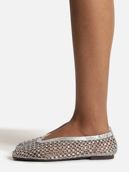 Silver Rhinestone Mesh Round-Toe Slip-On Ballet Flats