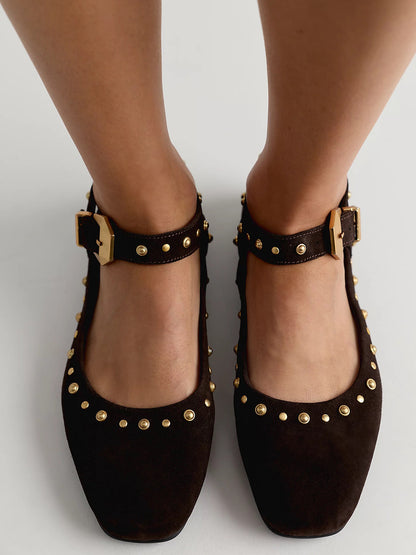 Coffee Faux Suede Square-Toe Studs And Buckle Mary Jane Chic Flats