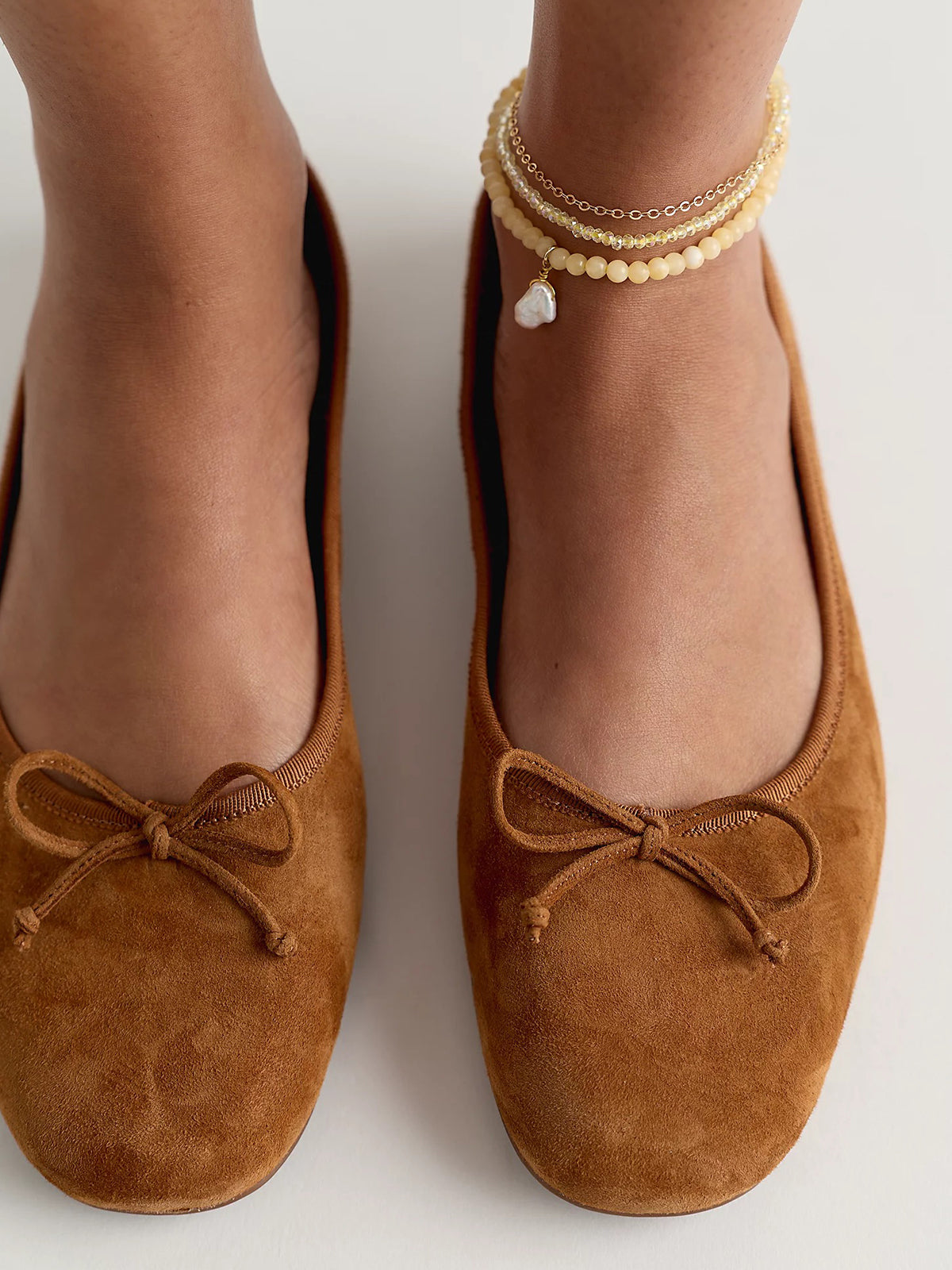 Chic Square-Toe Slip-On Front Bow Sleek Ballet Flats - Caramel Faux Suede