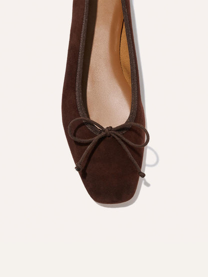 Front Bow Square-Toe Slip-On Chic Ballet Flats - Coffee Faux Suede