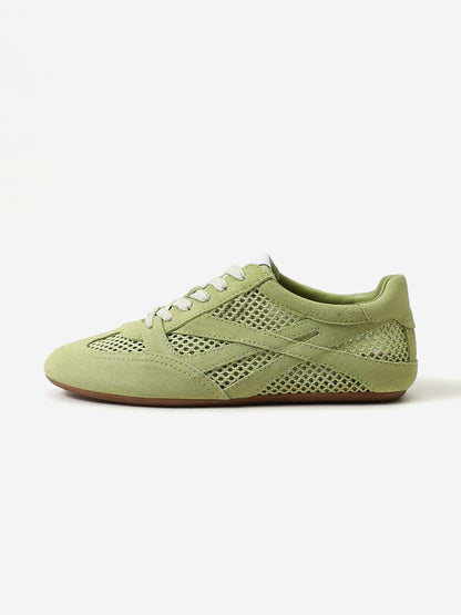 Green Cow Suede And Mesh Round-Toe Chic Lace-Up Flats Sneakers