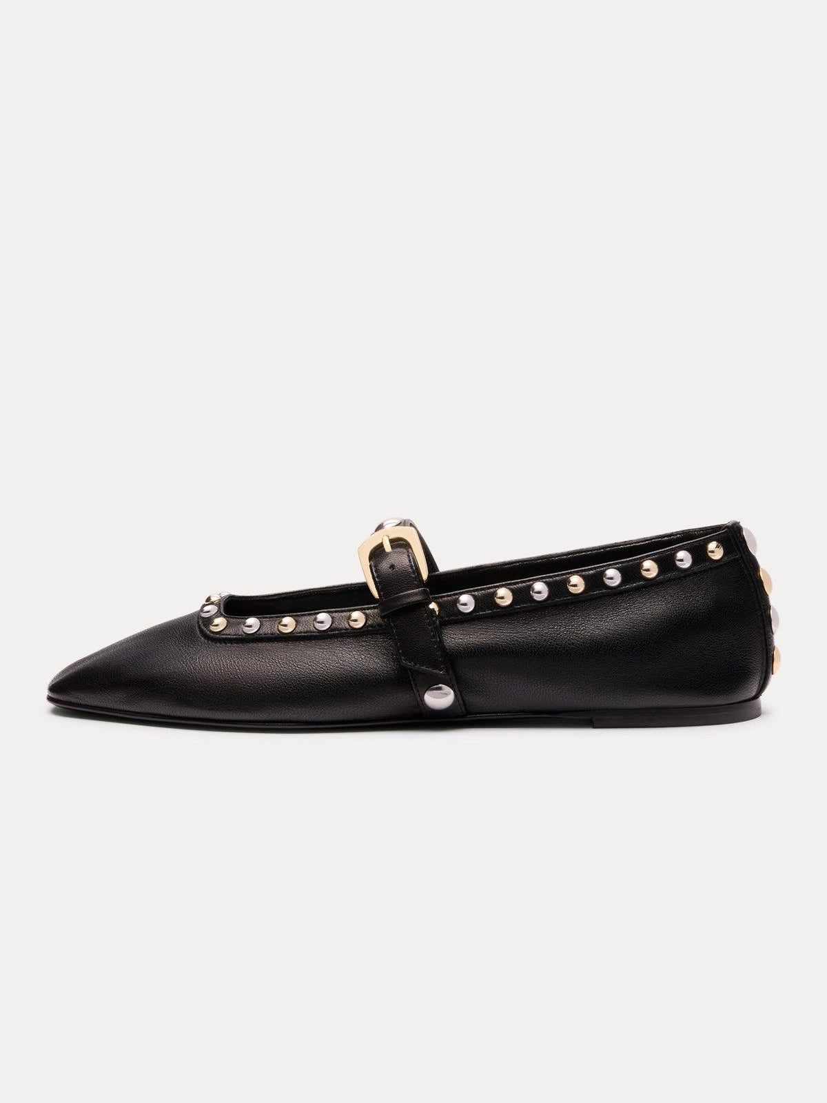 Black Square-Toe Buckle Middle Strap And Studs Flats