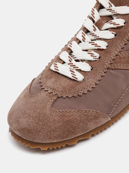 Taupe Cow Suede And Cloth Square-Toe Lace-Up Classic Flats Sneakers