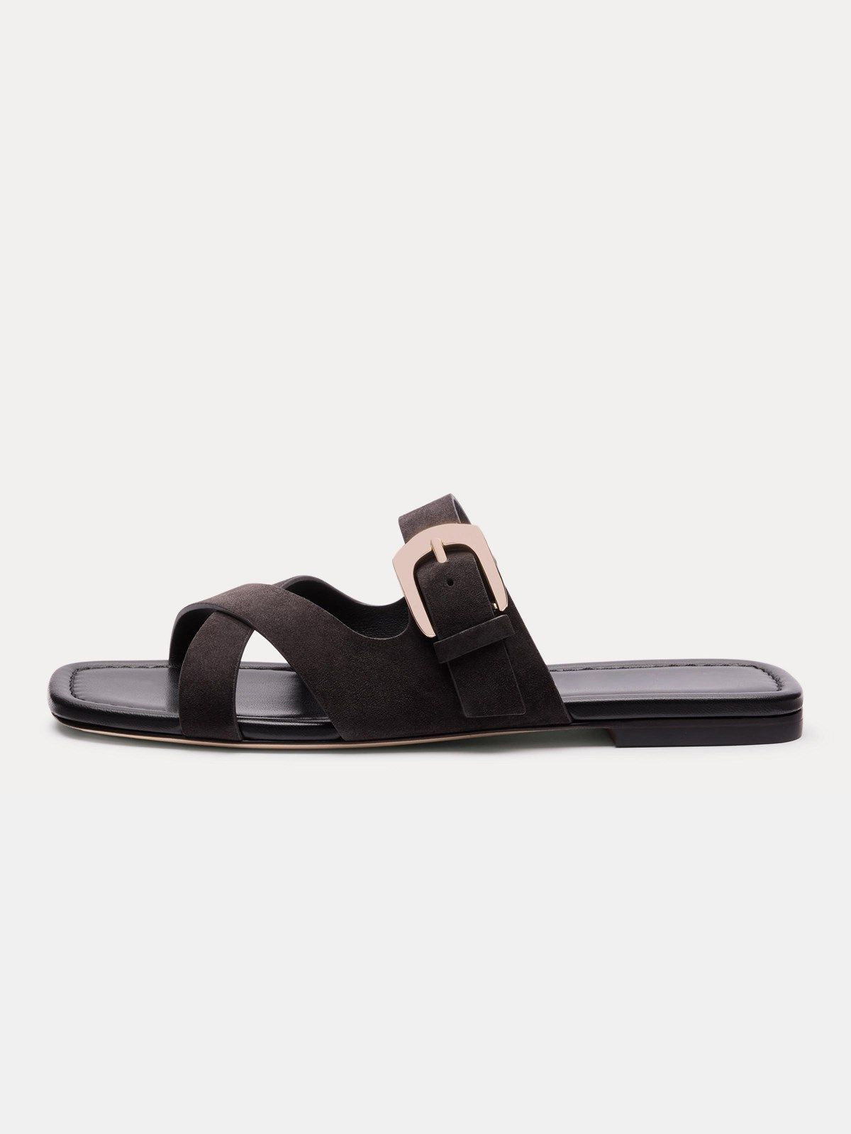 Dark Gray Faux Suede Square-Toe Slip-On Buckle Slide Sandal Flats