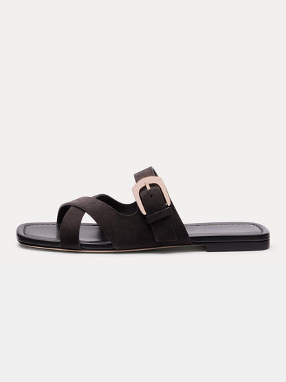 Dark Gray Faux Suede Square-Toe Slip-On Buckle Slide Sandal Flats