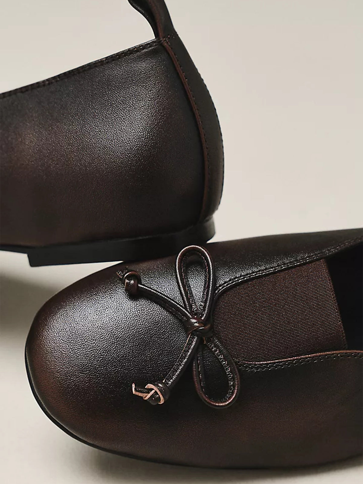 Coffee Square-Toe Front Bow Elastic Ballet Flats