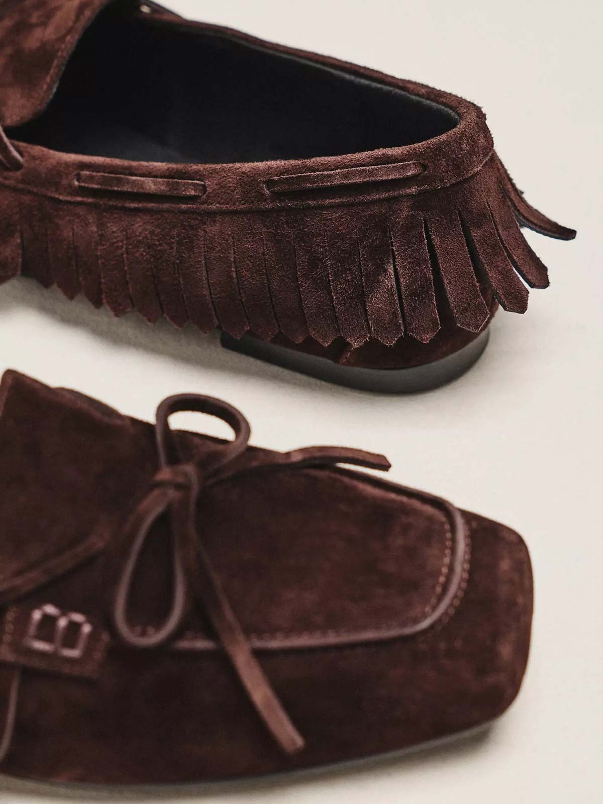 Brown Cow Suede Square-Toe Front Bow Side Fringe Slip-On Flats