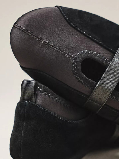 Black Faux Suede And Satin Round-Toe Double Middle Strap Sporty Ballet Sneakers