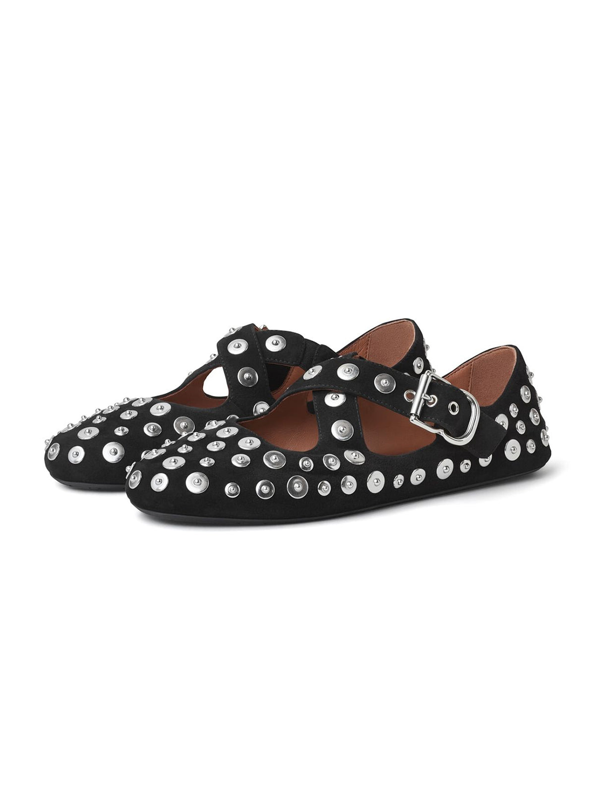 Black Faux Suede Round-Toe Full Studs Crossed Straps Ballet Flats