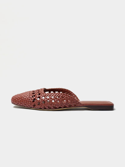 Woven Vegan Leather Square-Toe Cutout Backless Flats - Brown
