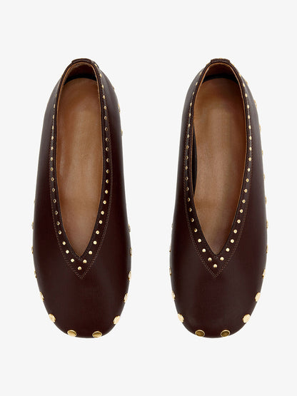 Coffee Square-Toe Side Studs Slip-On Ballet Flats