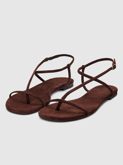 Coffee Faux Suede Square-Toe Back And Ankle Strap Flats Sandals