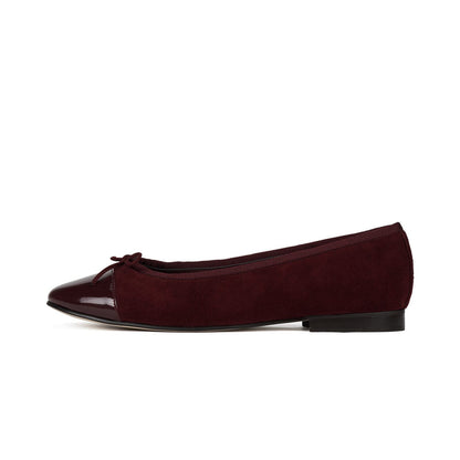 Black Faux Suede And Patent Leather Round-Toe Front Bow Ballet Flats