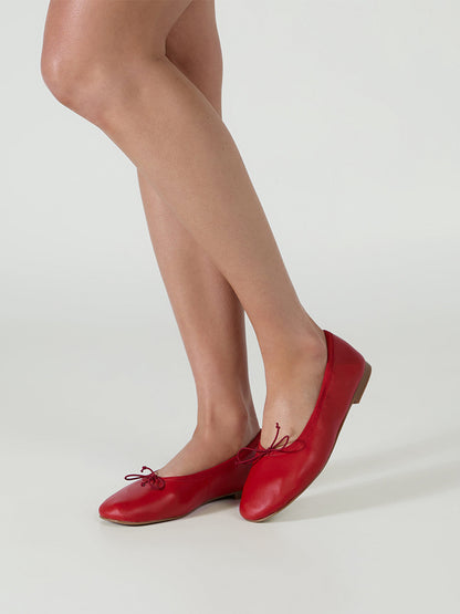 Red Round-Toe Chic Front Bow Slip-On Ballet Simple Flats
