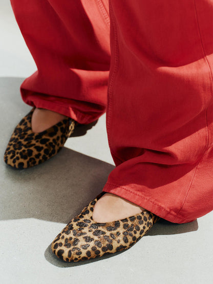 Leopard Pattern Pony Hair Vegan Leather Square-Toe Slip-On Ballet Flats