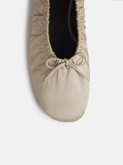 Gray Satin Square-Toe Ruching And Front Bow Ballet Flats