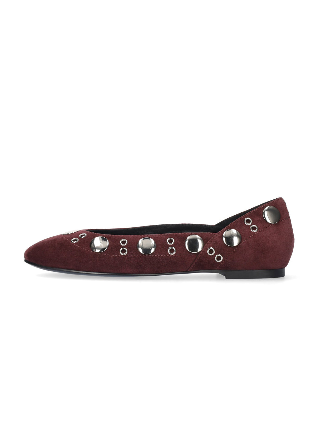 Burgundy Faux Suede Square-Toe Eyelets And Studs Slip-On Ballet Flats